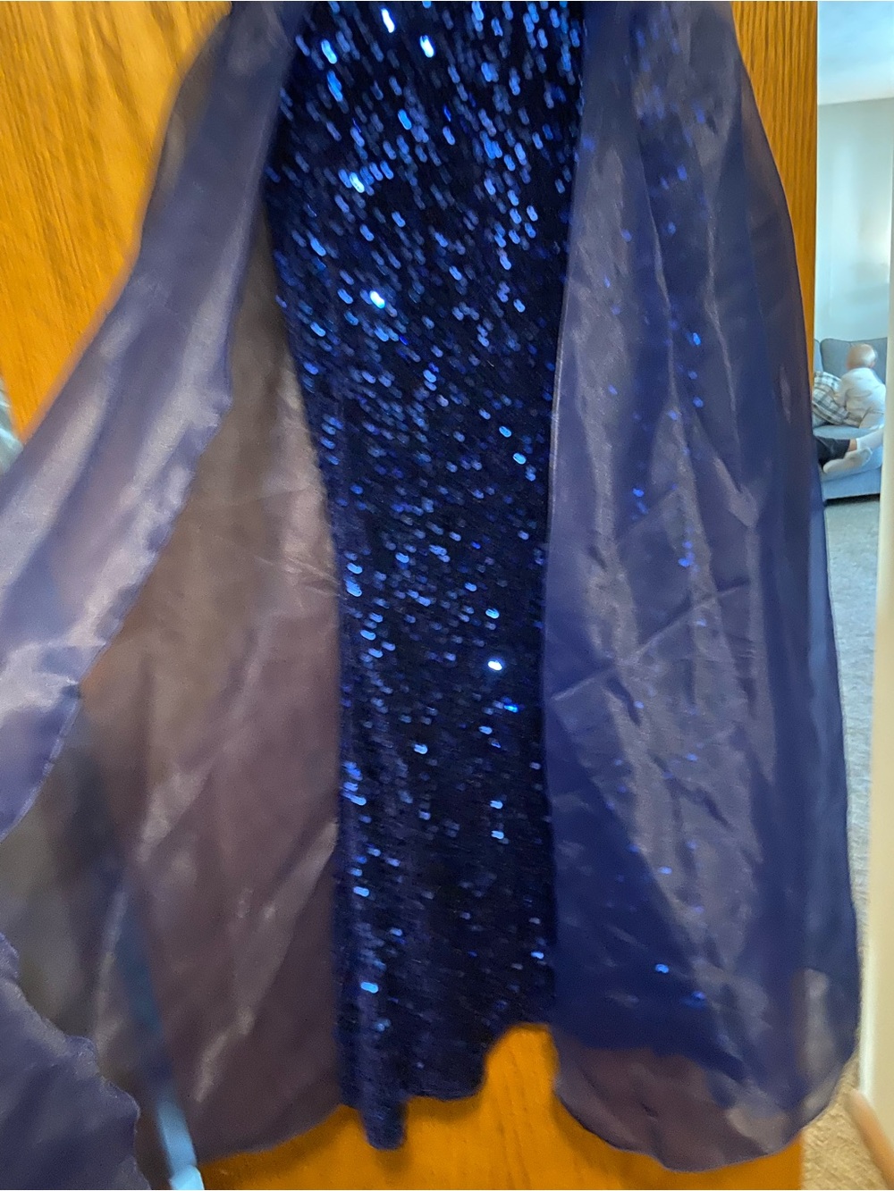 Navy Sequin Pageant Dress with Sheer Overlay